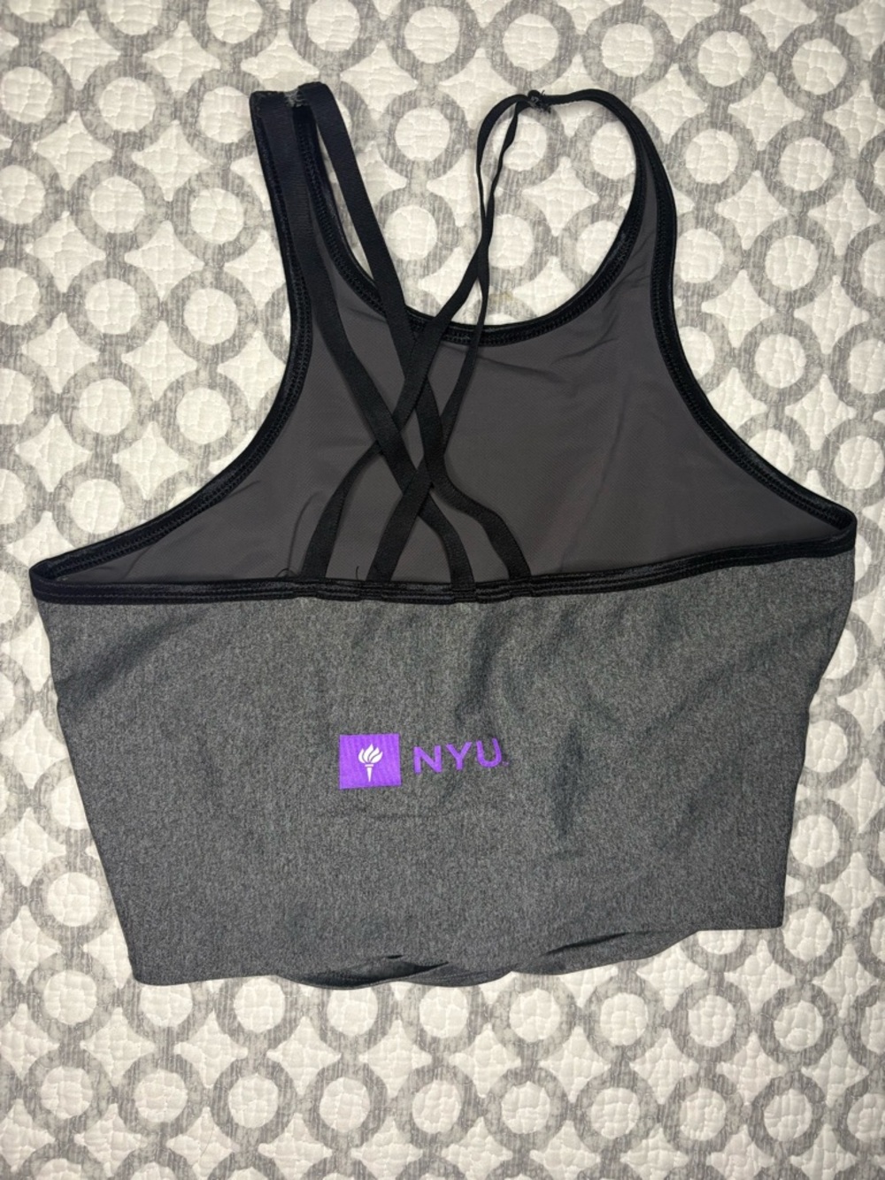 NYU Gray & Black Under Armour Sports Bra with Purple Logo